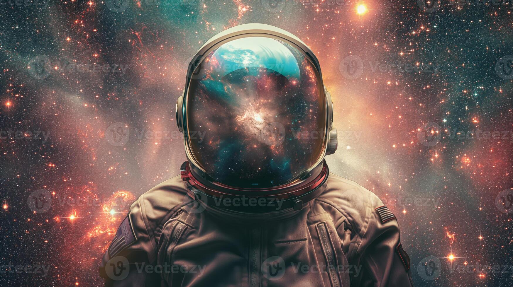 An artificial intelligence nomad drifts through the cosmos, adorned in a space suit with a reflective helmet. The helmet displays a vibrant nebula, symbolizing infinite exploration and knowledge. photo