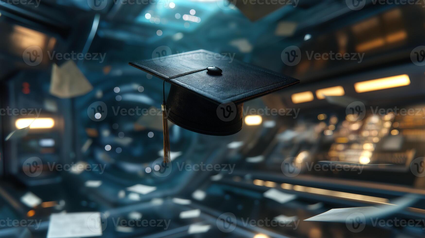 In a zero-gravity spacecraft, a graduation cap drifts serenely among floating papers, showcasing a unique blend of achievement and space exploration. photo