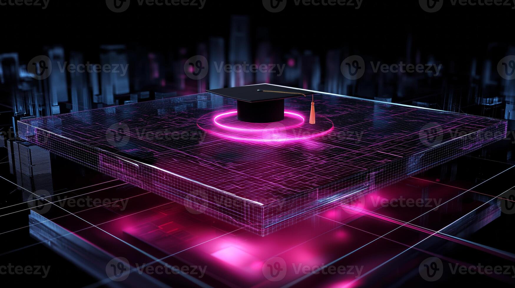 A graduation cap hovers over a glowing, holographic city map, symbolizing the intersection of education and technology in a futuristic setting. photo