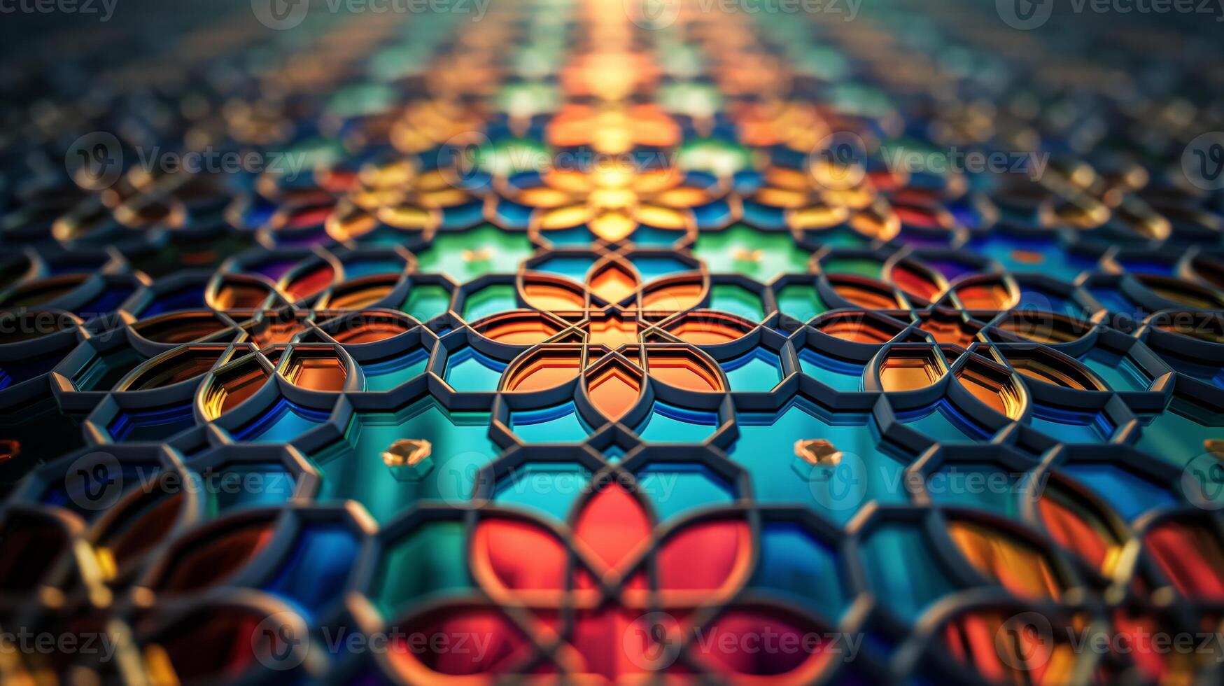 This artwork showcases a detailed mosaic featuring floral motifs with a rich tapestry of colors. The abstract design captivates with its geometric forms and harmonious interplay of light and shadow. photo