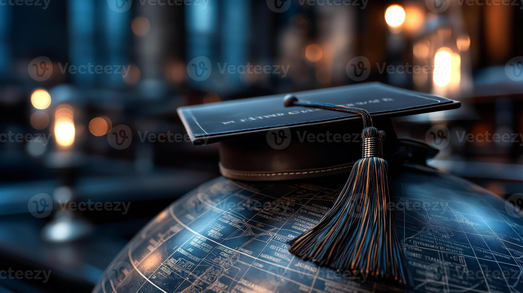 A mortarboard rests on an antique globe in a warm, cozy study, symbolizing academic achievement and exploration. photo