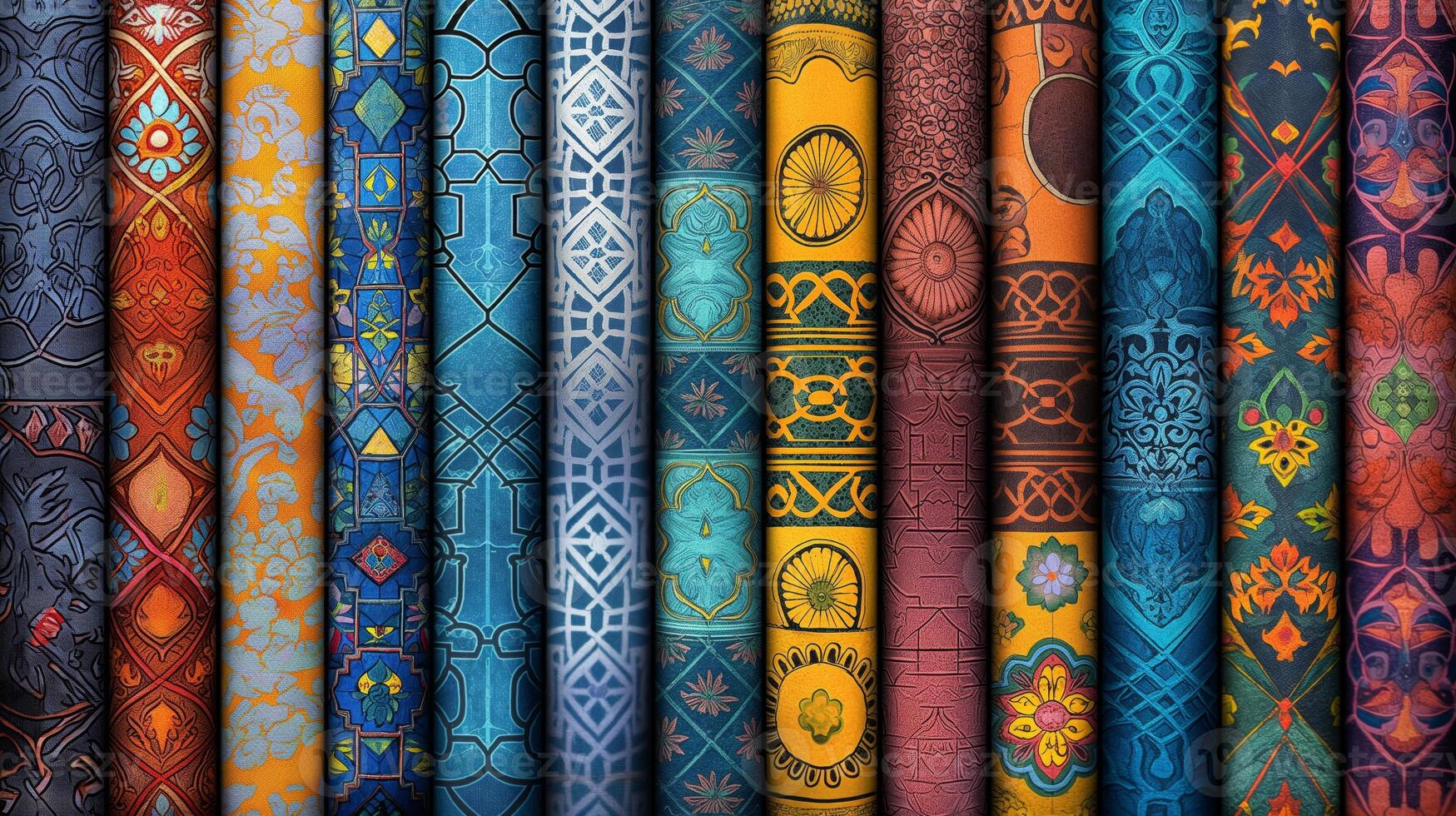 Layers of colorful mosaic patterns showcase a variety of vibrant hues and intricate designs against an abstract background, creating a visually captivating display of artistry and texture. photo