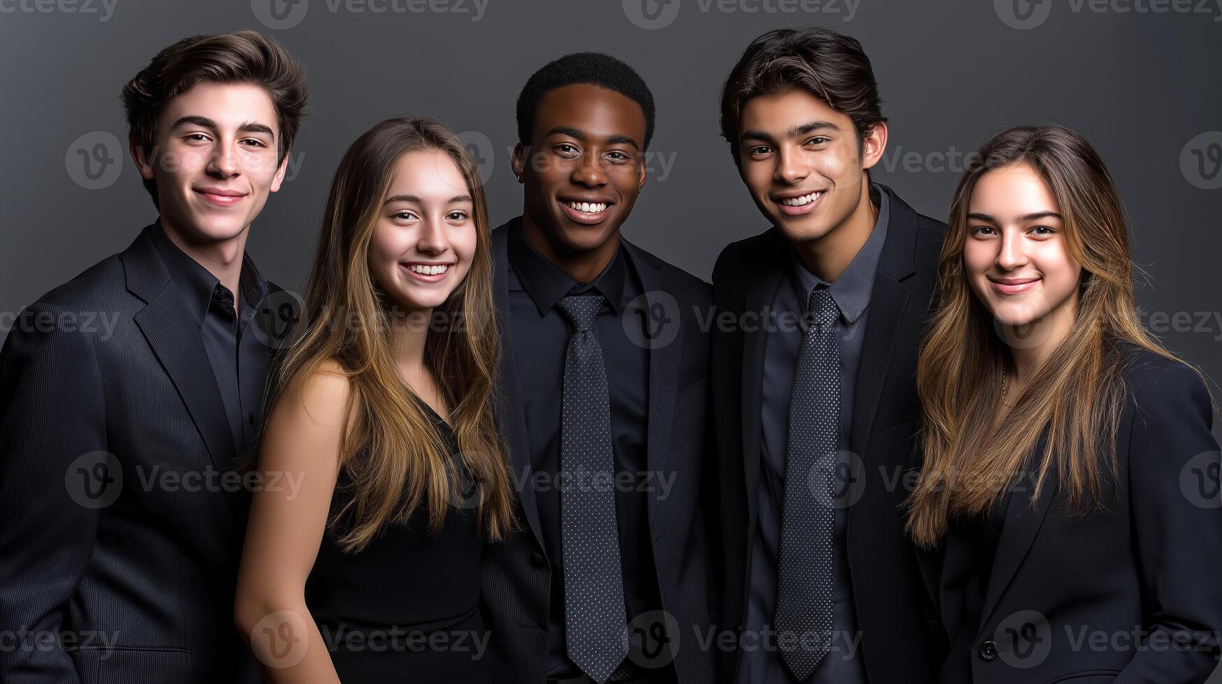 Five honor students pose together in a formal studio environment, showcasing their achievements with smiles and confidence. photo