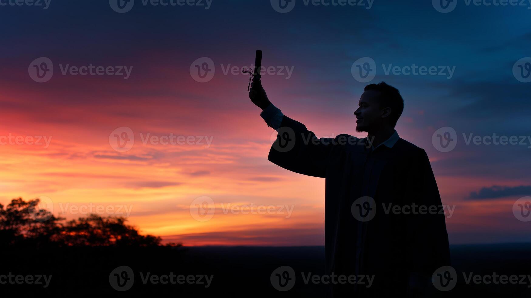 A graduate proudly holds their diploma high against a vibrant sunset, symbolizing accomplishment and new beginnings in a serene outdoor location. photo