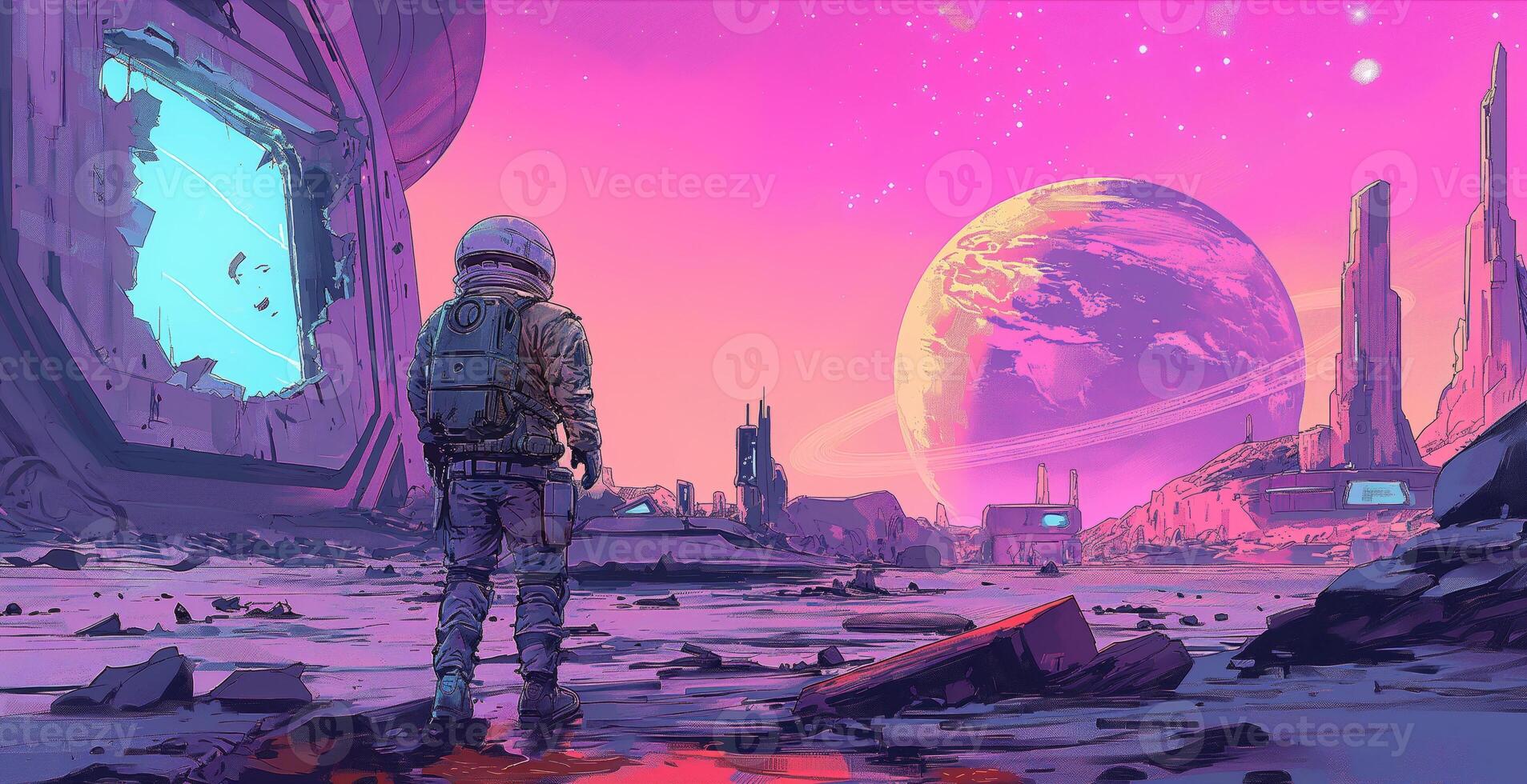 A lone astronaut stands in a surreal, colorful environment filled with towering structures and distant planets. The glowing sky transitions from pink to purple, showcasing a mysterious cosmic scene. photo