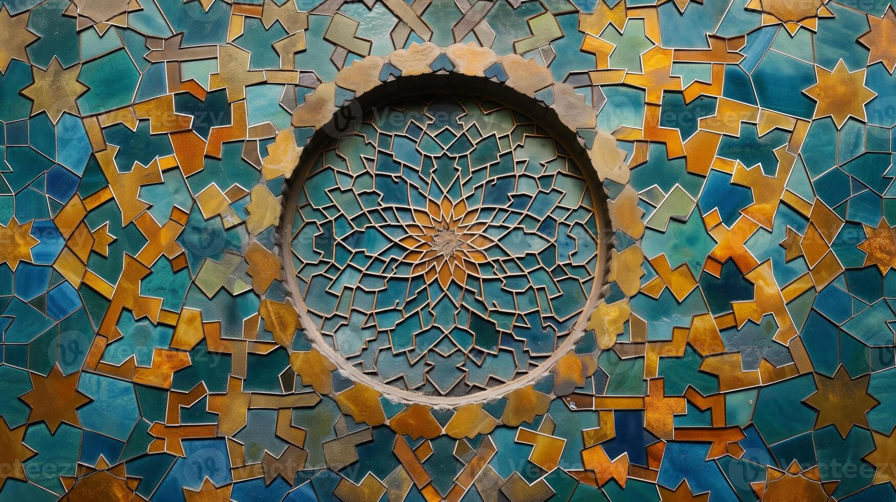 This artwork showcases a stunning abstract mosaic with intricate geometric patterns and a circular centerpiece. Vibrant colors blend beautifully to create an engaging visual experience. photo
