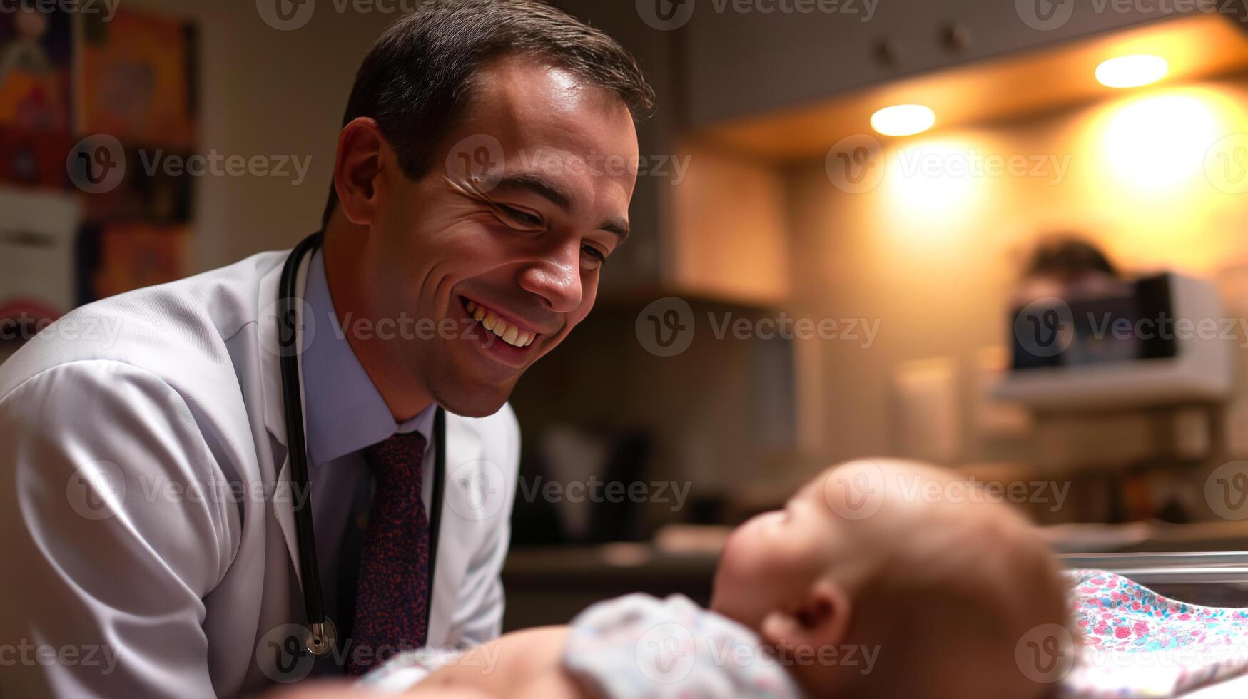 A pediatrician smiles broadly while engaging with a cute baby lying on an exam table in a warm, inviting clinic environment. photo