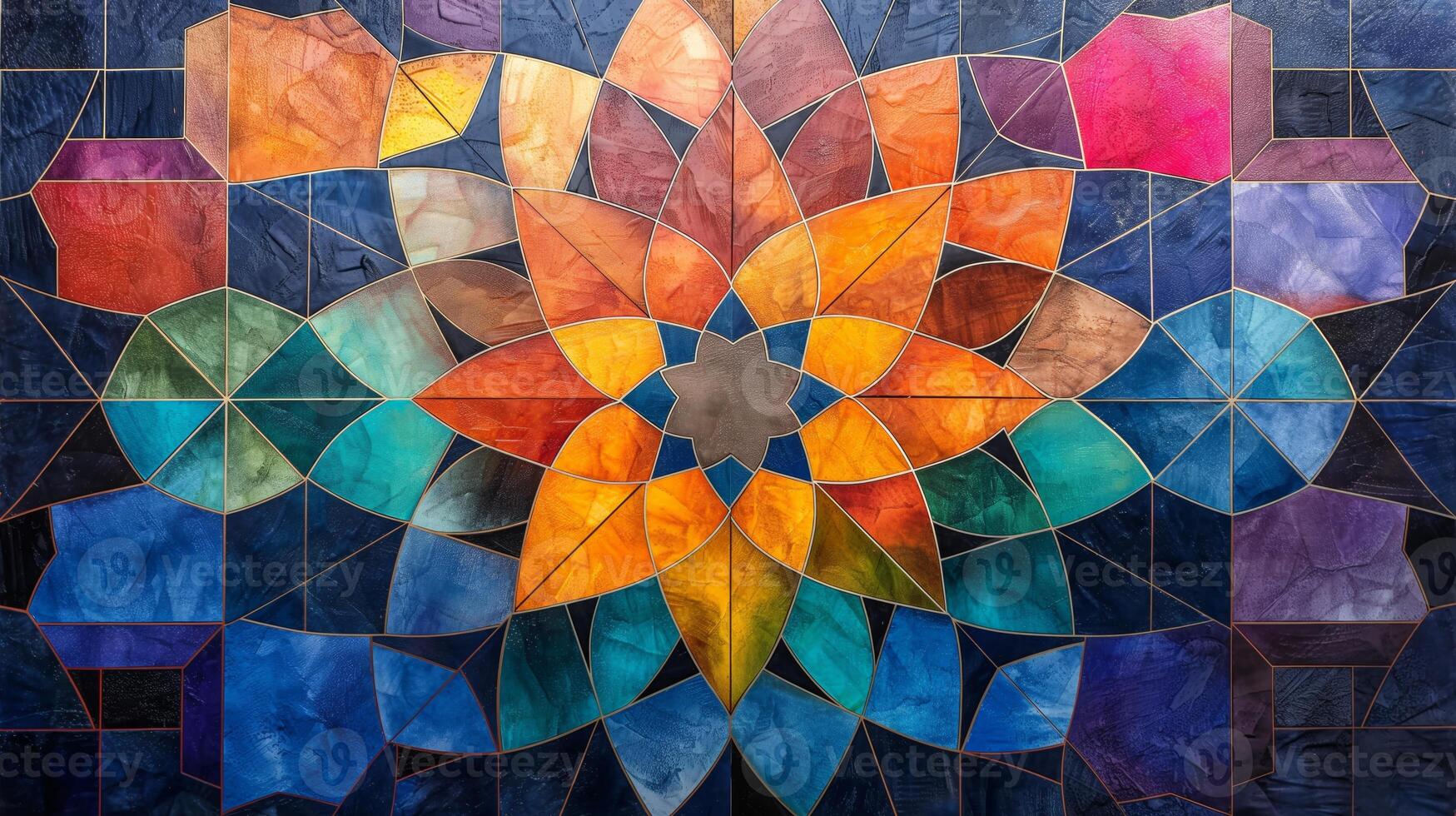 A stunning mosaic artwork showcases a blend of vivid colors arranged in an intricate pattern. The abstract design appears like a floral motif, creating a mesmerizing visual effect. photo