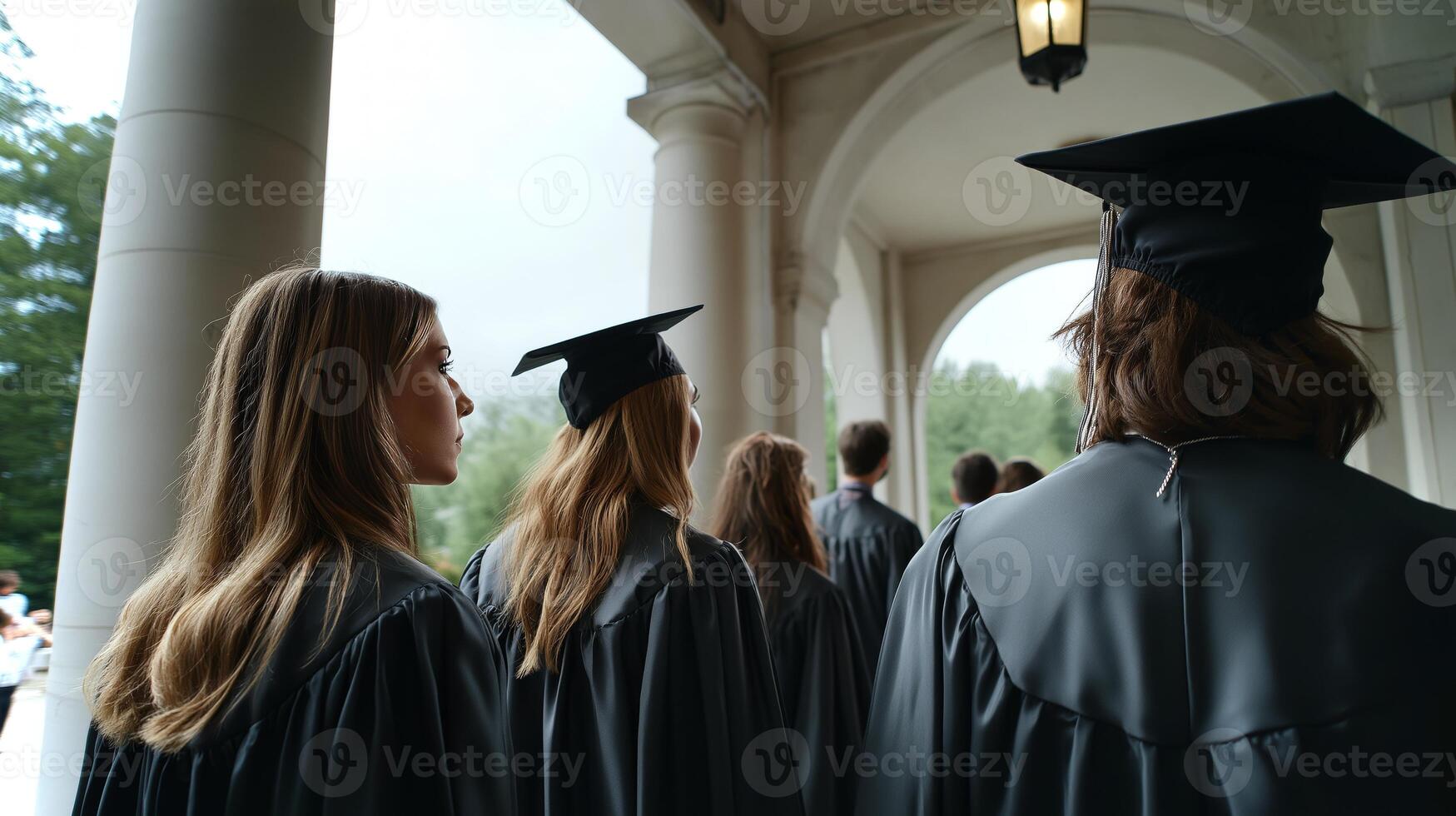 A line of honors graduates adorned with silver cords proceeds toward the graduation ceremony, showcasing their academic achievements in a formal setting. photo
