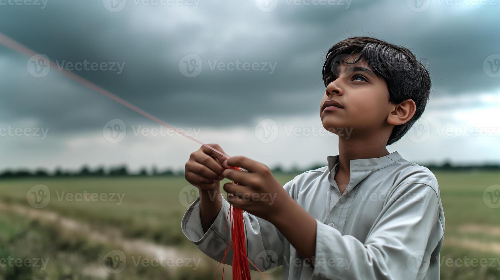 A young boy in Pakistan ties a colorful tassel onto his kite string, focused on flying the kite as the wind stirs around him in an open field. photo