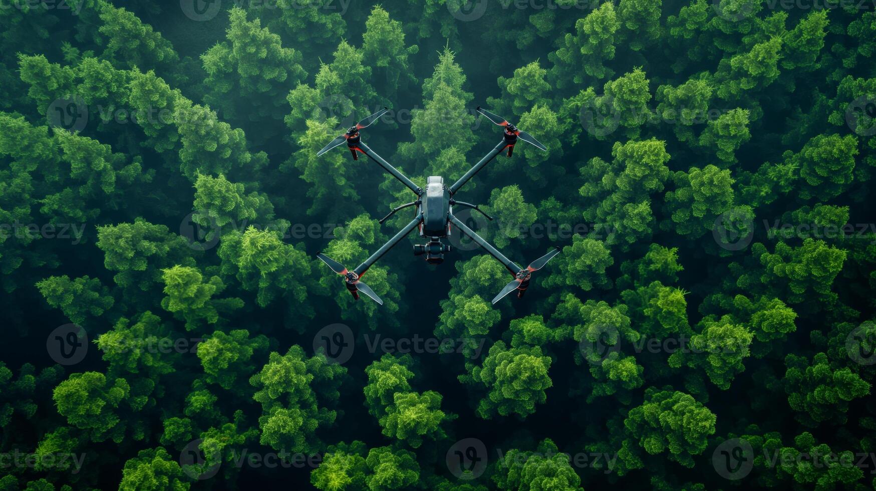 A drone flies over a dense forest, capturing the vibrant greenery of trees growing in harmony. This aerial view highlights the importance of conservation and reforestation for the environment. photo