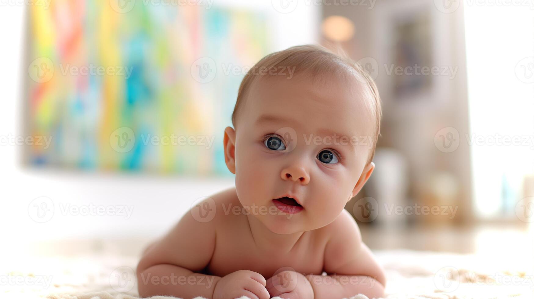 A baby lies on its stomach, propped up on elbows, showing curiosity in a colorful room with soft lighting, embodying the innocence of early childhood exploration. photo
