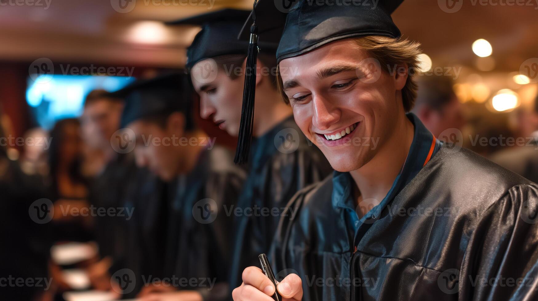 A joyful graduate is signing his yearbook with a pen, celebrating alongside fellow graduates in caps and gowns at a formal event. photo
