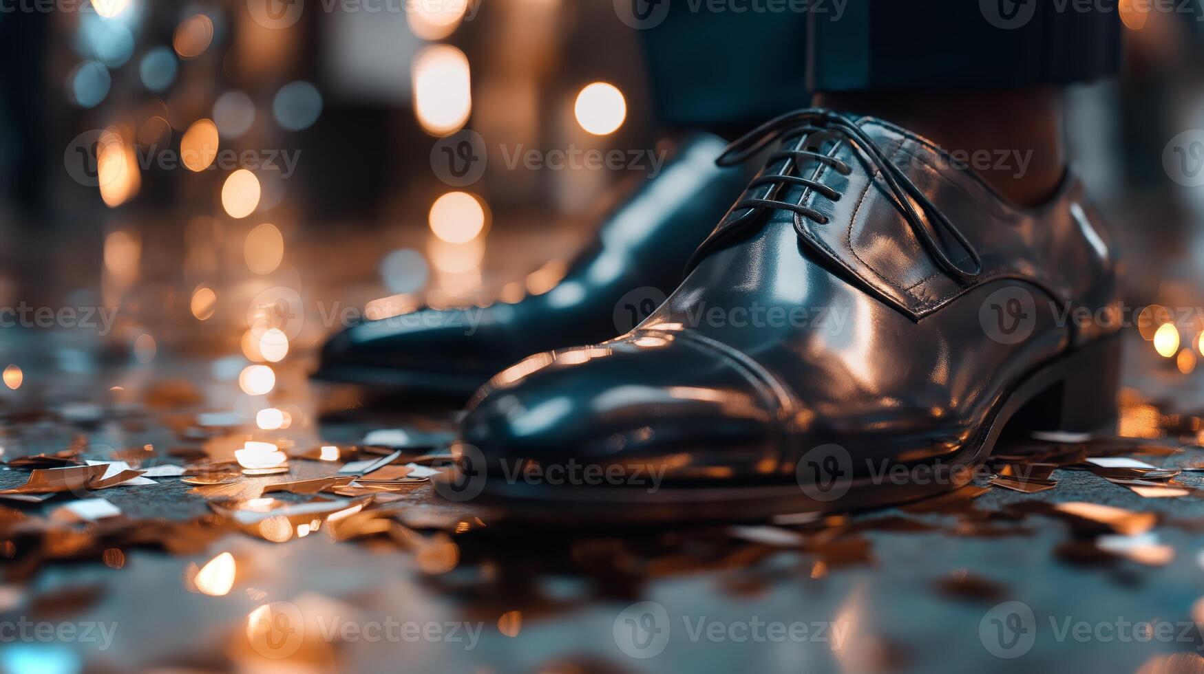 Close-up of polished dress shoes making contact with a ground covered in colorful confetti, reflecting festive lights during an evening celebration. photo