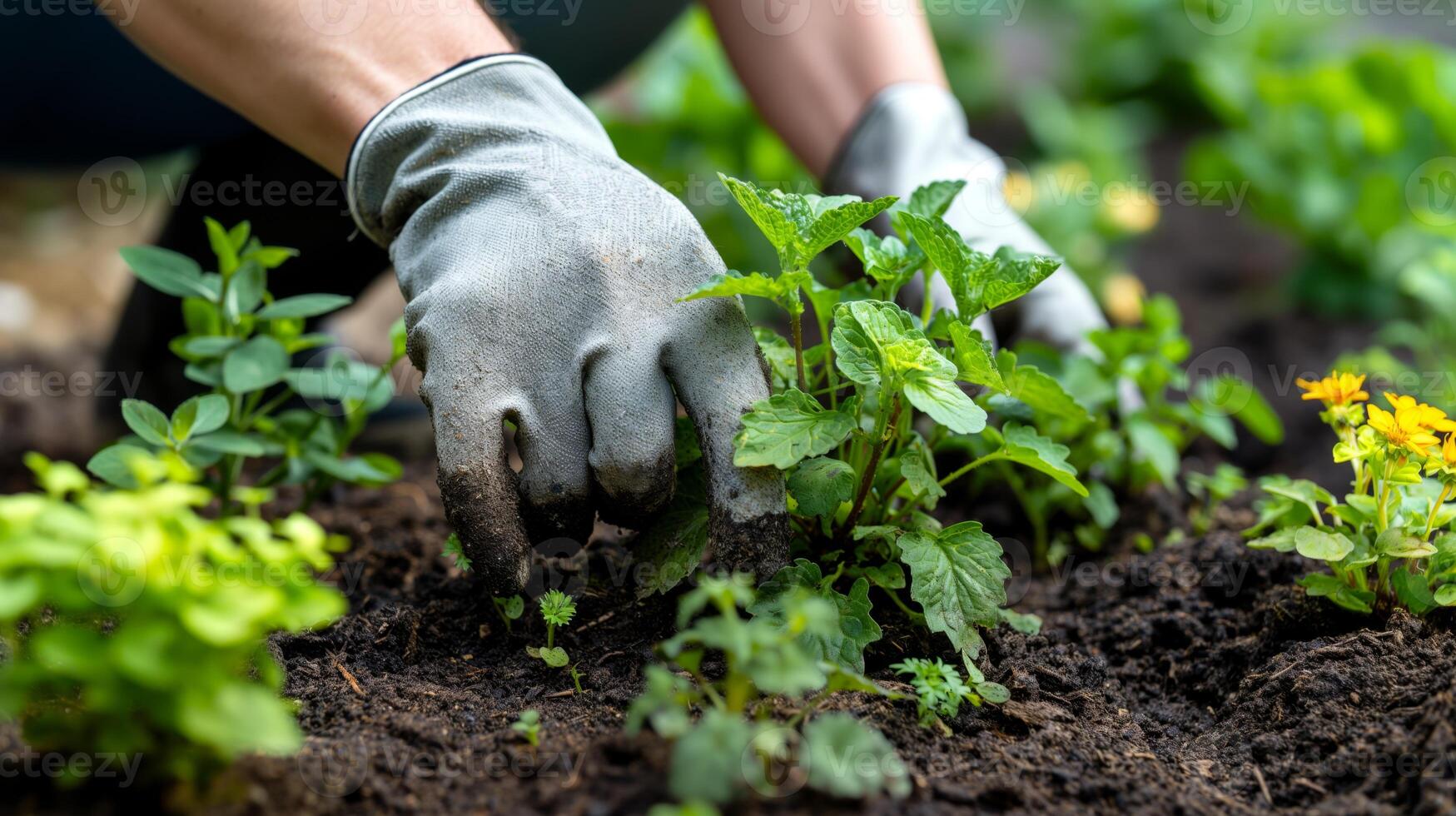 Dedicated hands work the soil to plant saplings, fostering growth within a vibrant garden. This nurturing activity promotes sustainability and conservation in the local environment. photo