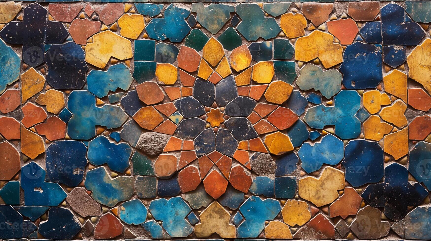 Intricate mosaic composed of colorful tiles featuring a captivating abstract pattern. The arrangement showcases shades of blue, orange, and yellow, creating a stunning visual experience. photo