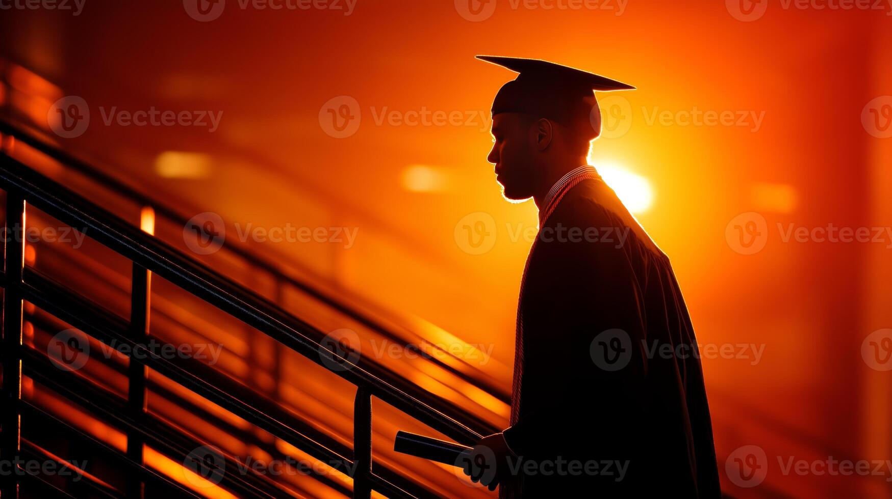 A graduate wearing a cap and gown descends a stage holding a diploma. The silhouette is illuminated by warm light during a graduation ceremony. photo