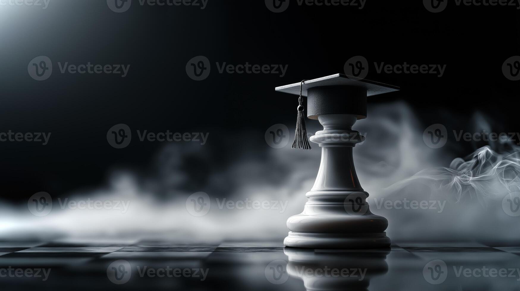 A graduation cap rests atop a marble chess rook, surrounded by swirling mist in a dark environment. photo