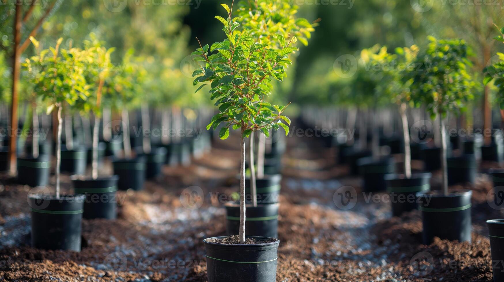 In a vibrant nursery, a person plants a healthy tree sapling into the soil, supporting reforestation efforts and nurturing biodiversity. photo
