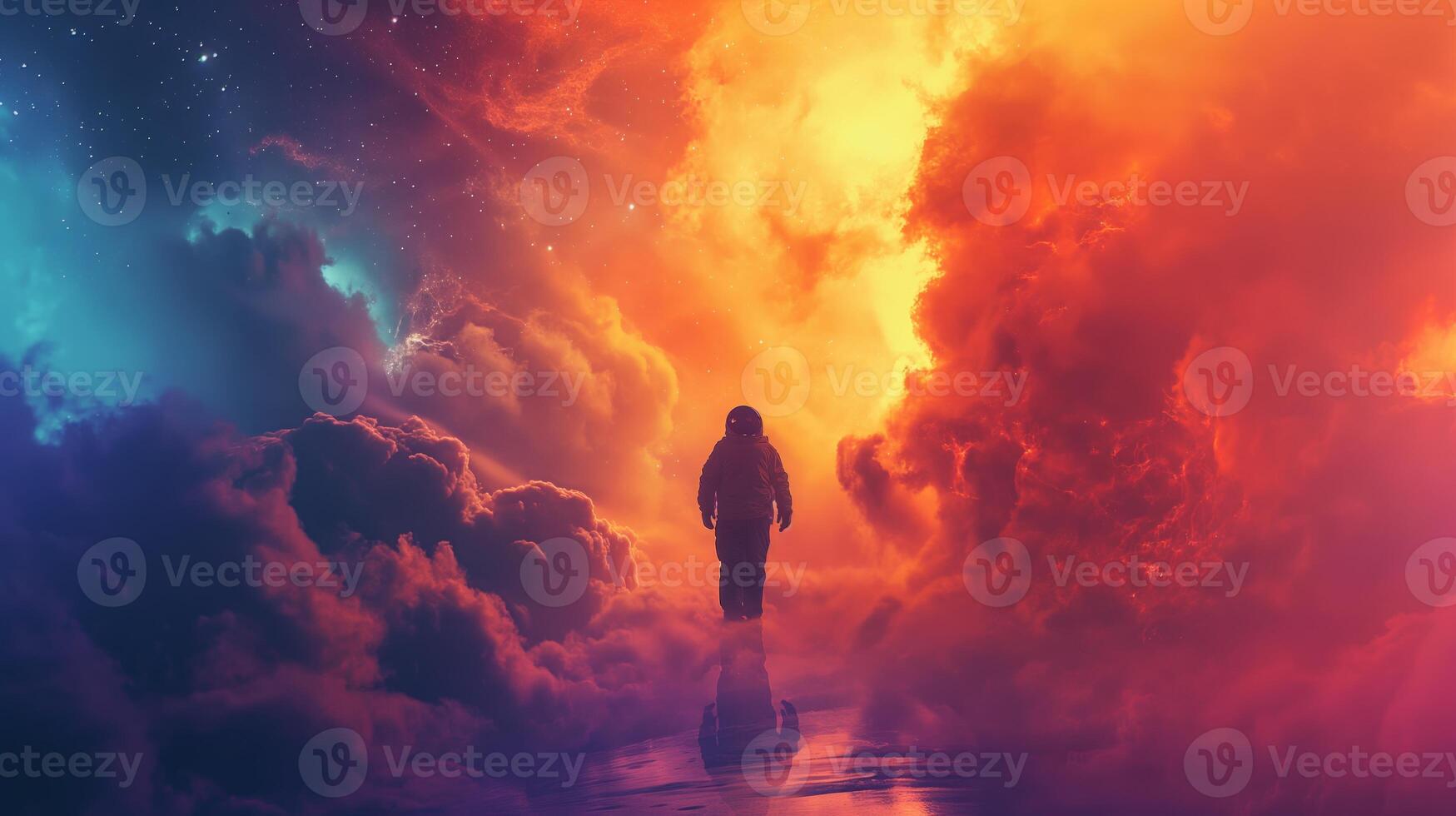 An astronaut traverses a surreal cosmic landscape filled with colorful clouds and distant stars, embodying the essence of a space nomad exploring uncharted realms. photo
