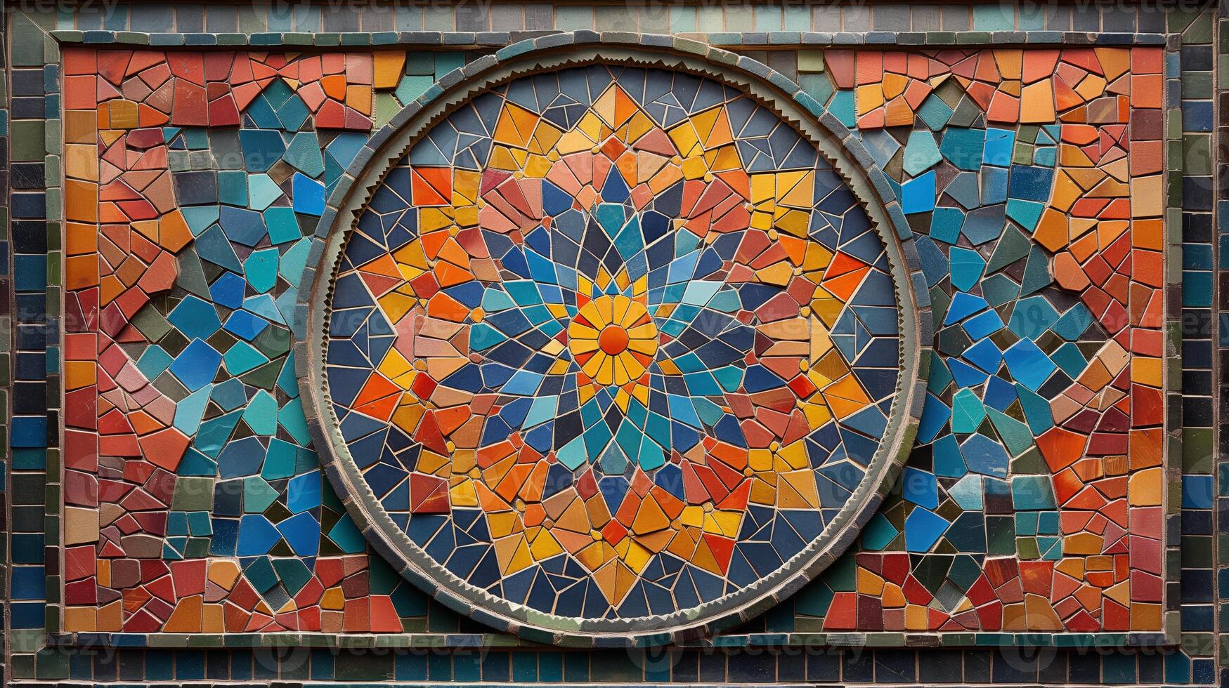 This detailed mosaic displays a stunning array of geometric patterns and vibrant colors, showcasing craftsmanship and creativity. The circular design radiates energy and artistic elegance. photo