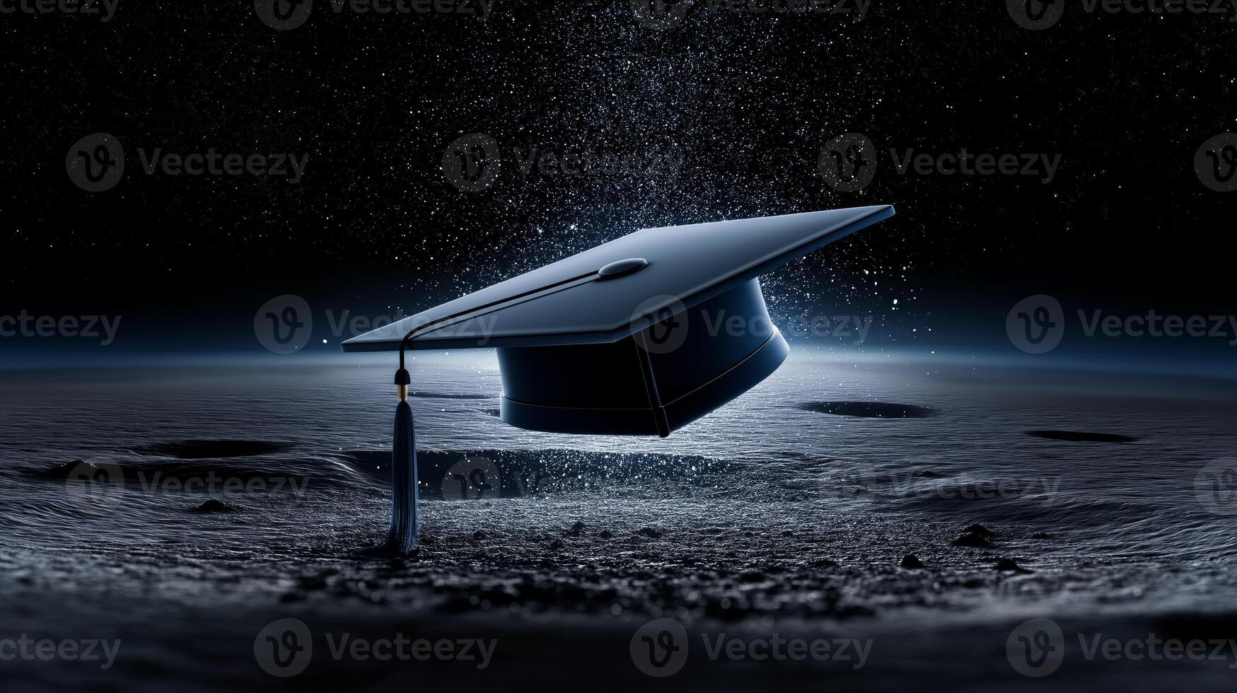 A graduation cap is seen hovering above the moon's surface, joined by a cloud of floating space dust, creating a unique cosmic scene. photo