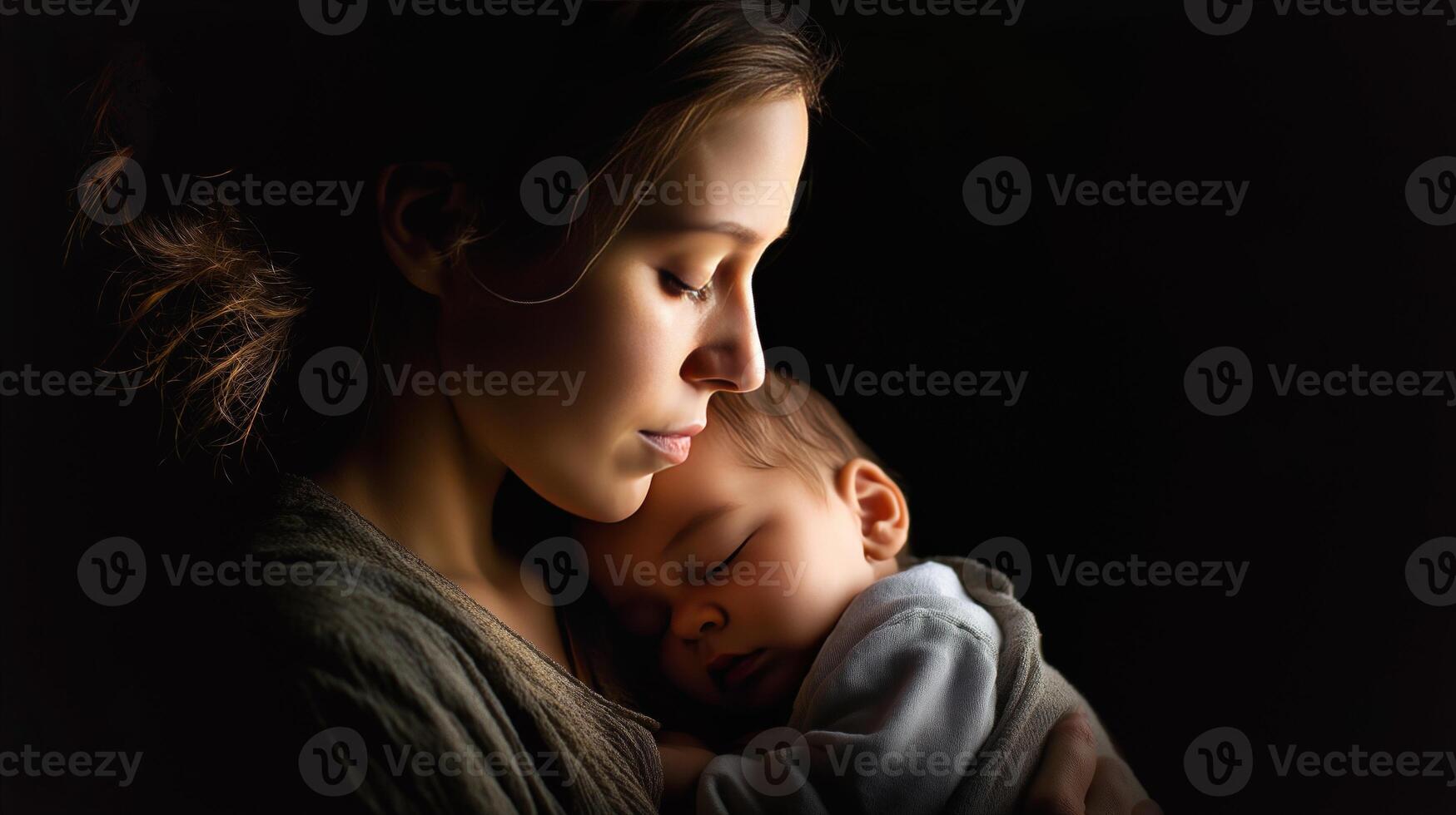A mother cradles her baby tenderly in her arms, softly rocking back and forth as the child drifts into a peaceful sleep, surrounded by a serene atmosphere. photo