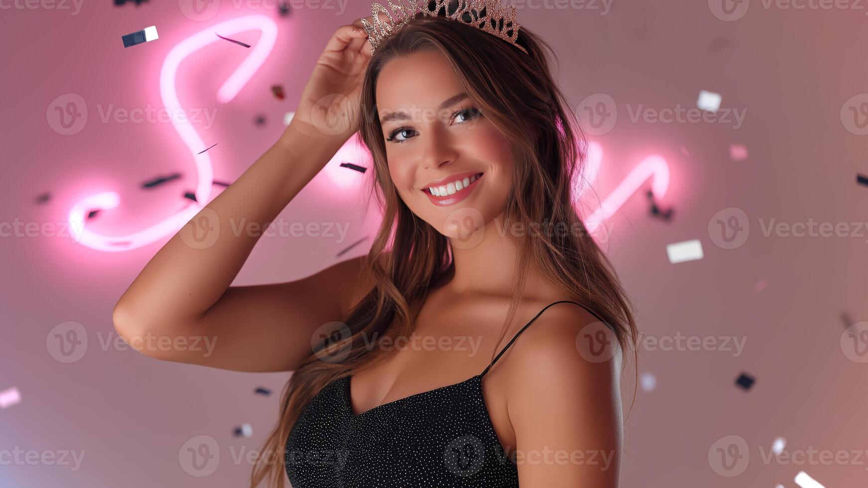 A proud graduate celebrates her achievement while wearing a prom queen crown, surrounded by colorful confetti and glowing neon lights in a joyful atmosphere. photo