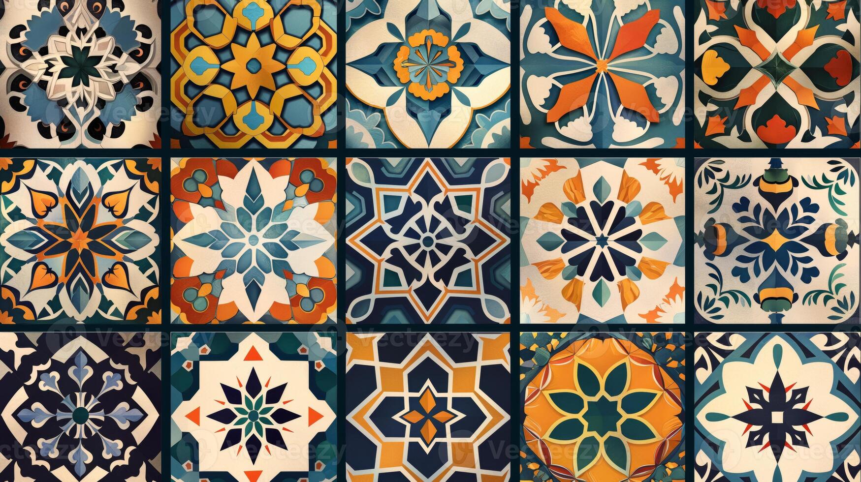 A collection of striking abstract mosaic patterns showcases a variety of designs and colors. photo