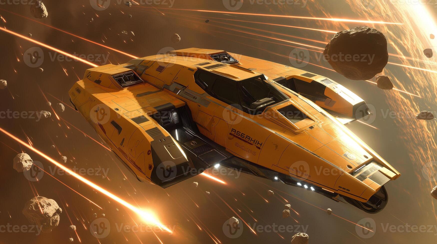A futuristic spacecraft maneuvers through a dense asteroid field, illuminating its surroundings with bright lights as it travels through the vastness of space. photo
