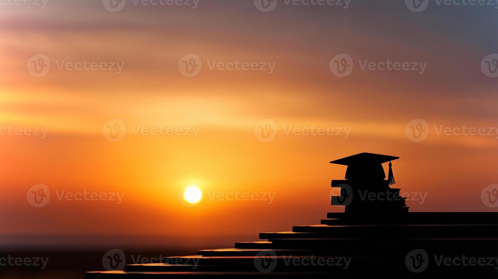 Silhouette of a graduation cap resting atop a stack of textbooks, illuminated by a glowing sunset, representing the culmination of academic effort and success. photo