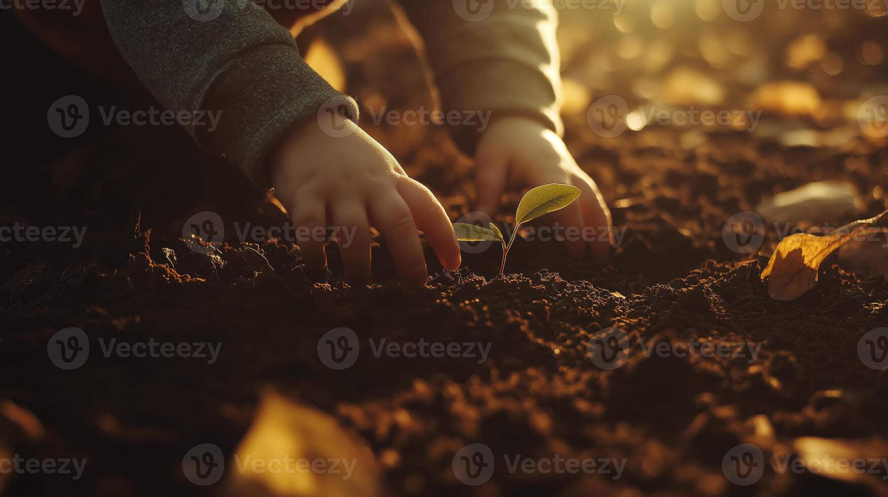 Small hands gently plant a sapling in rich soil during golden hour, emphasizing the importance of nurturing young trees for environmental conservation and biodiversity. photo