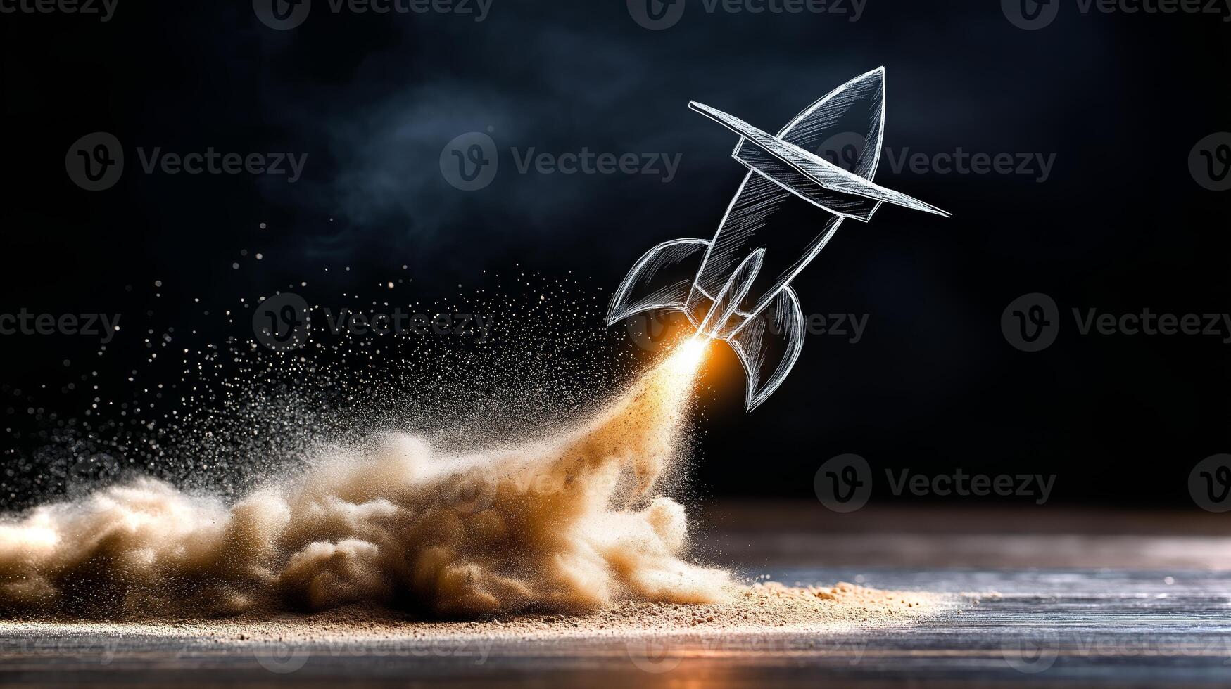 A chalkboard illustration features a rocket launching with a graduation cap hovering above, symbolizing achievement and potential. photo