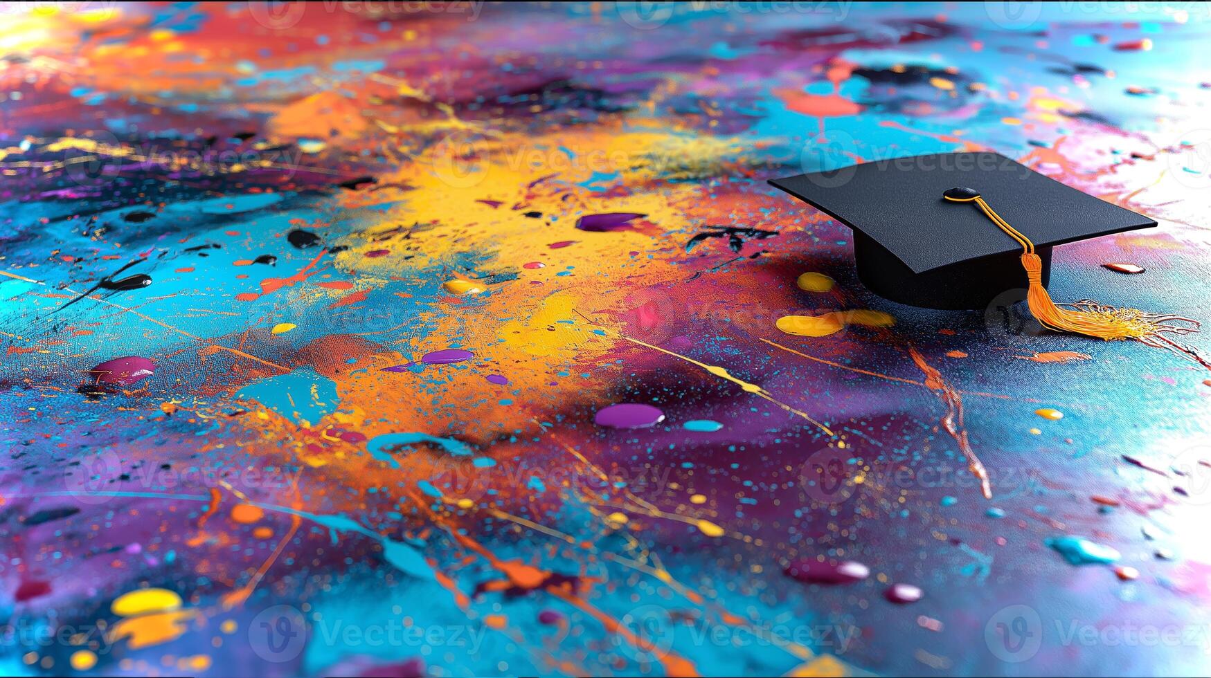 A graduation cap is placed on a vibrant painter's palette, showcasing a blend of bright colors. This artistic display symbolizes celebration and creativity. photo