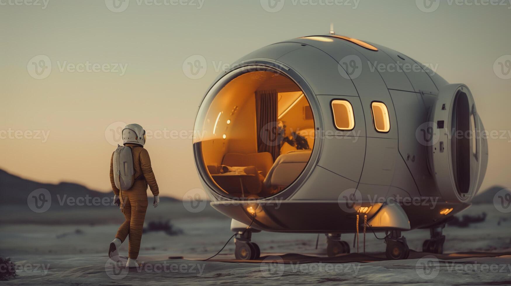 An astronaut in a sleek suit approaches a modern, pod-like structure. The setting sun casts a warm glow, illuminating the surroundings. photo