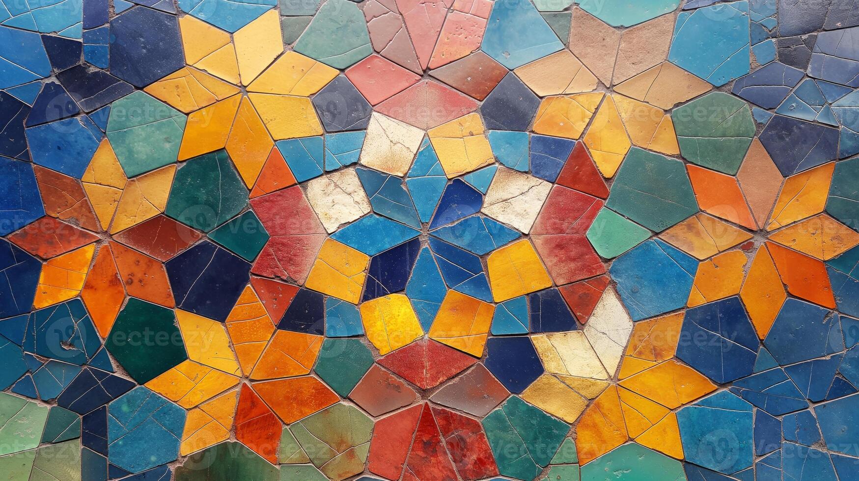 Brightly colored tiles form an intricate mosaic pattern featuring geometric shapes and a variety of hues. This artwork exemplifies abstract decoration, enhancing the surrounding space. photo