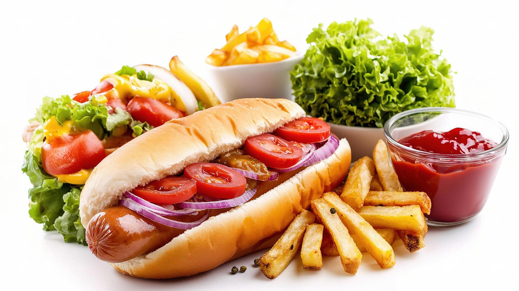 A hot dog, french fries, salad and ketchup photo
