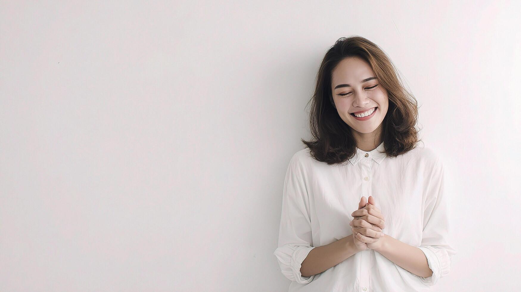 A woman is smiling while standing against a white wall photo