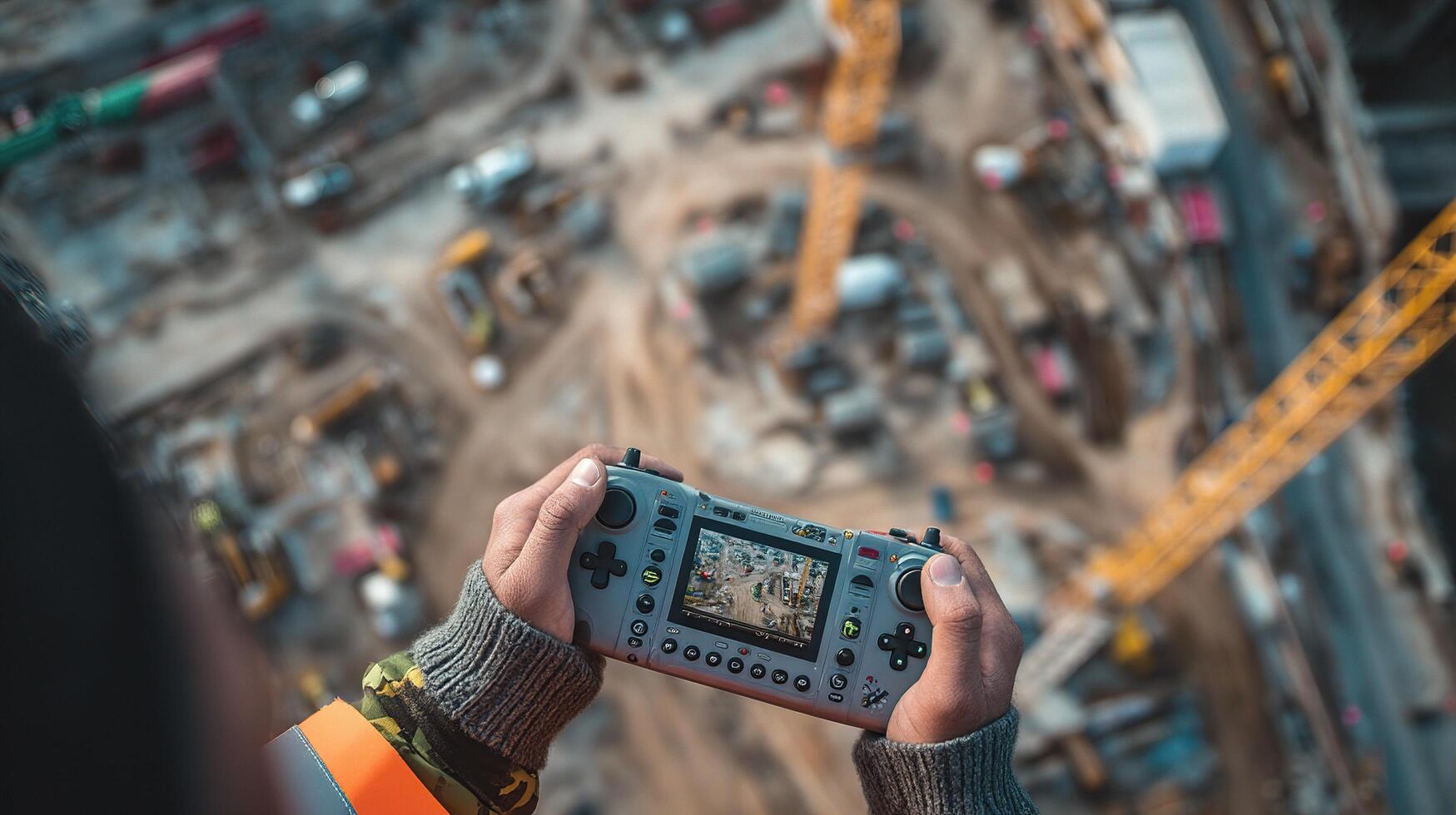 A person holding a game controller in front of a construction site photo