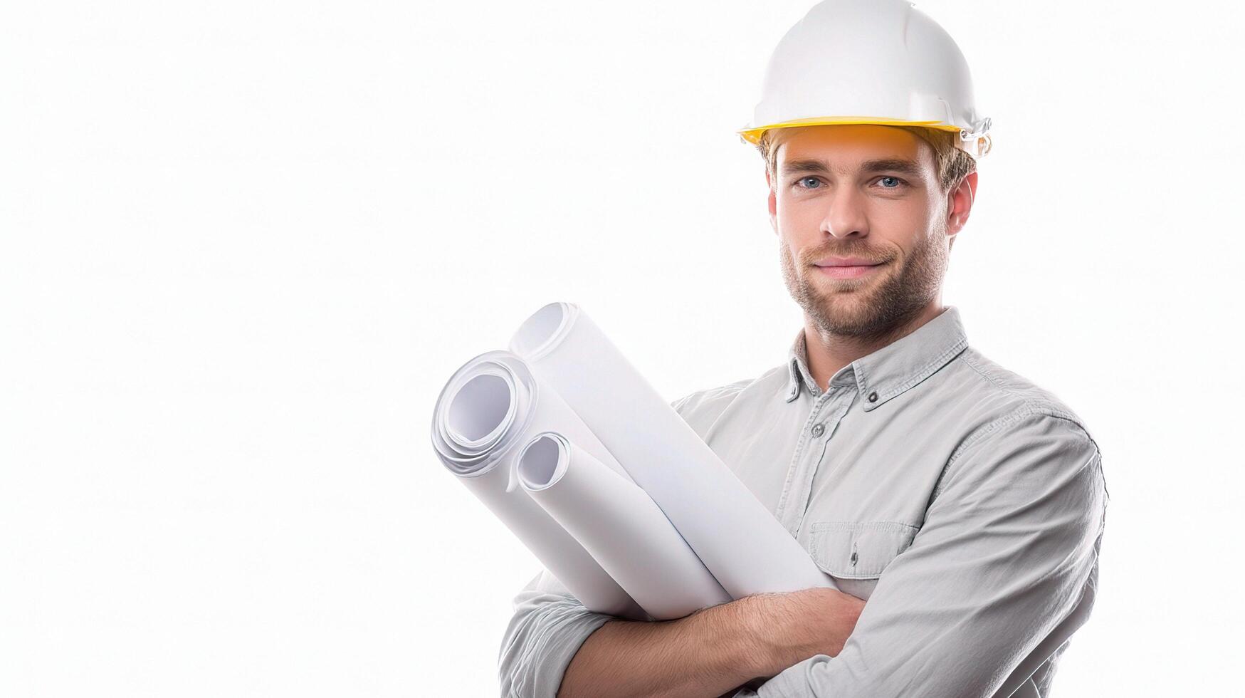 A man in a hard hat holding a roll of paper photo