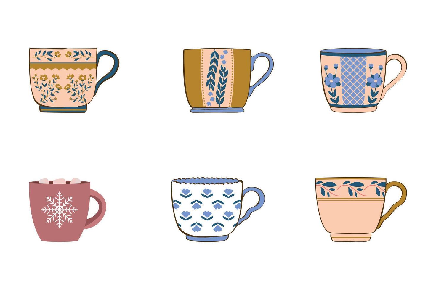illustration set features a variety of coffee cups and mugs, ideal for hot beverages like espresso, cappuccino, latte, or tea, with a clean, modern design suitable for cafe icons or breakfast vector