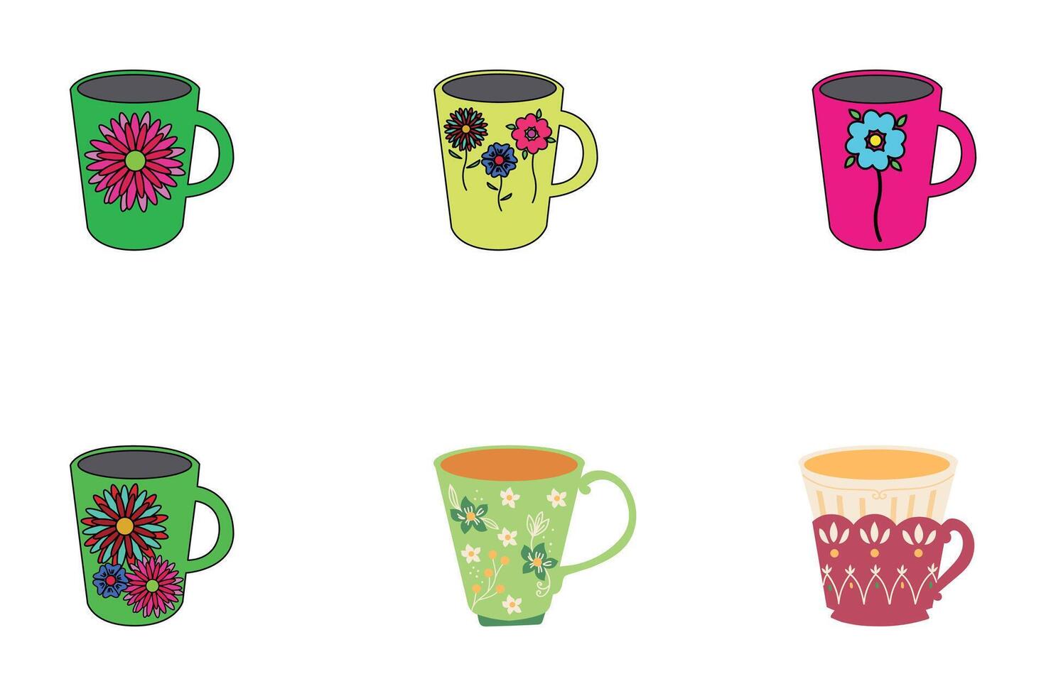 set of colorful cups, including options for coffee, tea, and cappuccino, are perfect icons for any cafe or kitchen design vector
