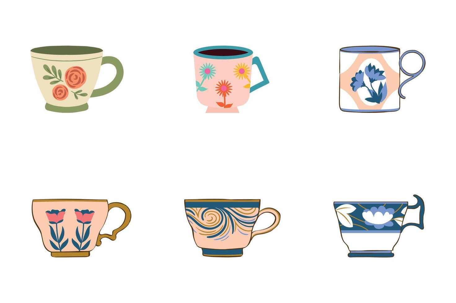 illustration showcases a set of coffee cups, ideal for cafe design with hot drink icons and espresso silhouettes vector