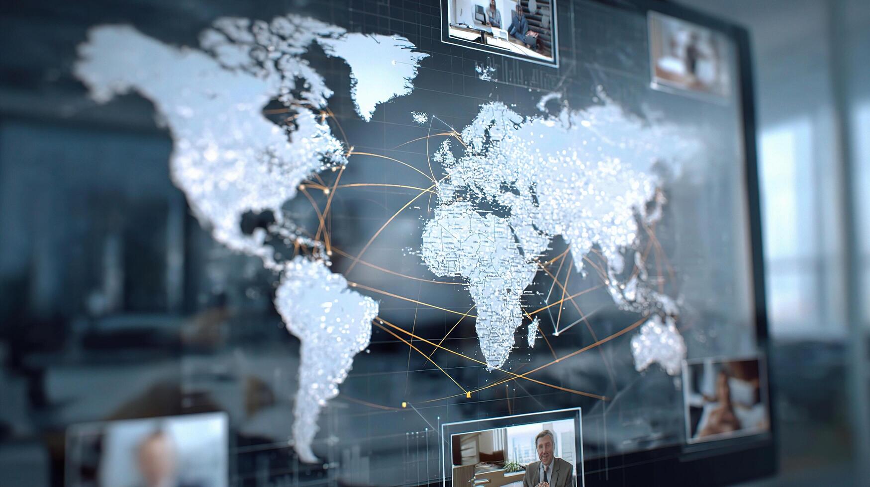Business people on a map in a conference room photo