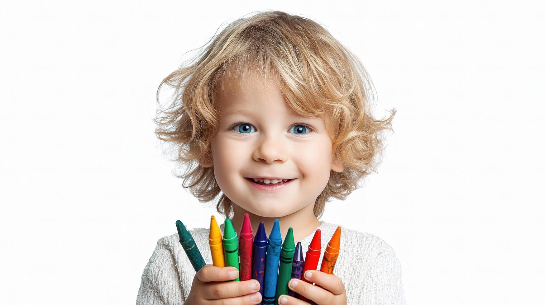 A young child holding a bunch of crayons photo