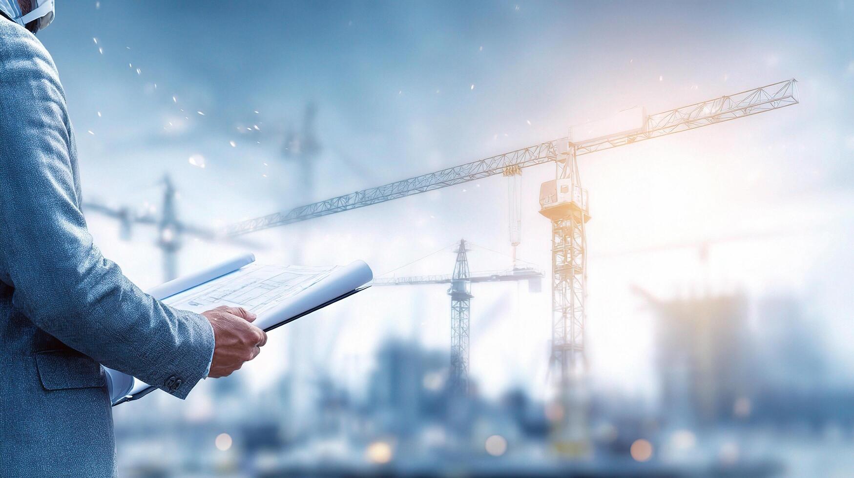 Construction business concept with crane and man in business suit holding a blue folder photo