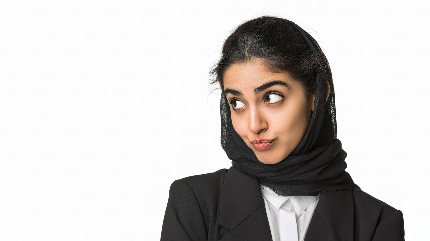 A woman in a black headscarf with a white background photo