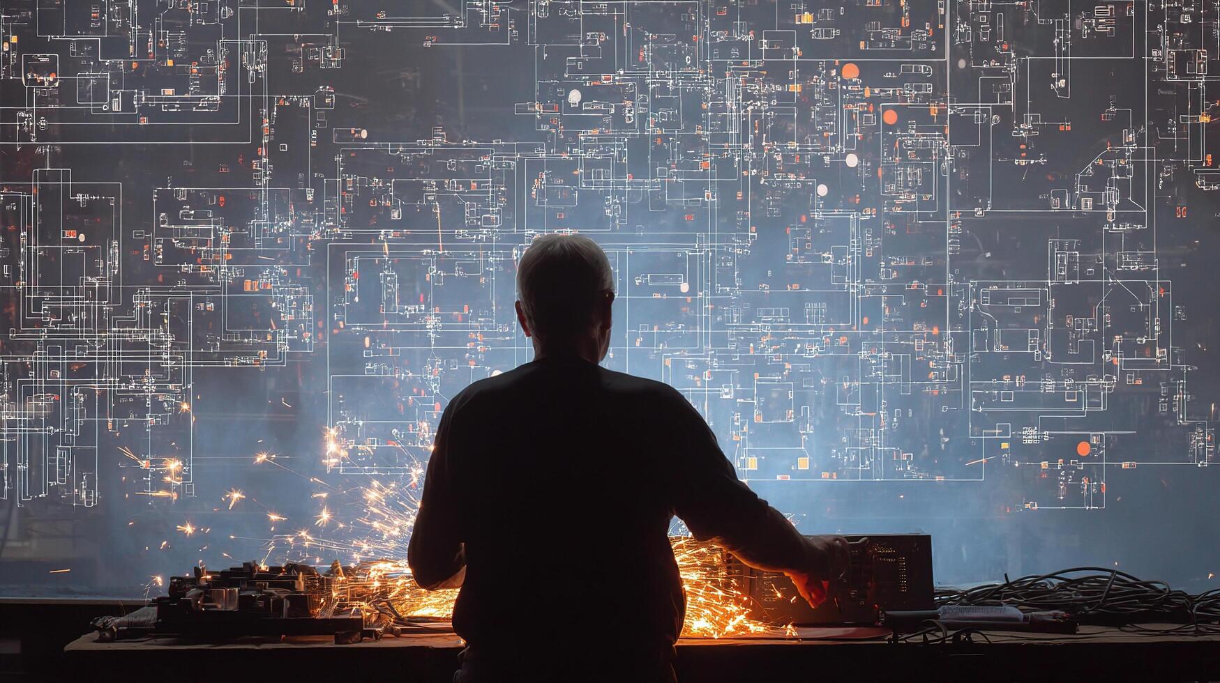 A man standing in front of a computer screen with sparks photo