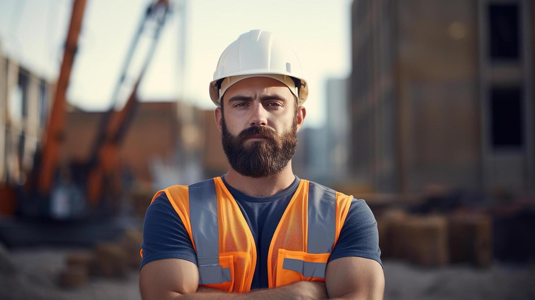 A man with a beard and hard hat standing in front of a construction site photo