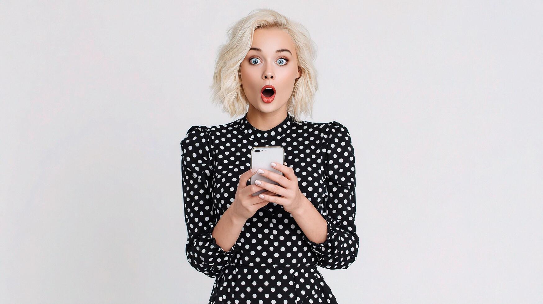 A woman in polka dot dress holding a cell phone photo